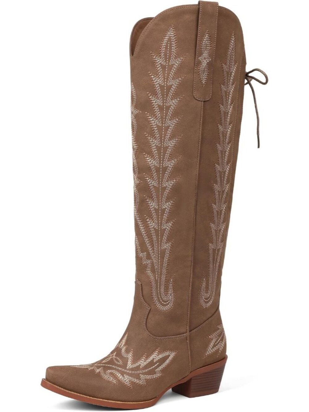 Women's Brown Cowgirl Boots Knee High Embroidered Lace Up Western Point Toe Boot